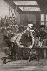 Ein junger Mann hält ein Glas in den Zähnen für seine Geliebte, Zeeland, Niederlande, Illustration aus 